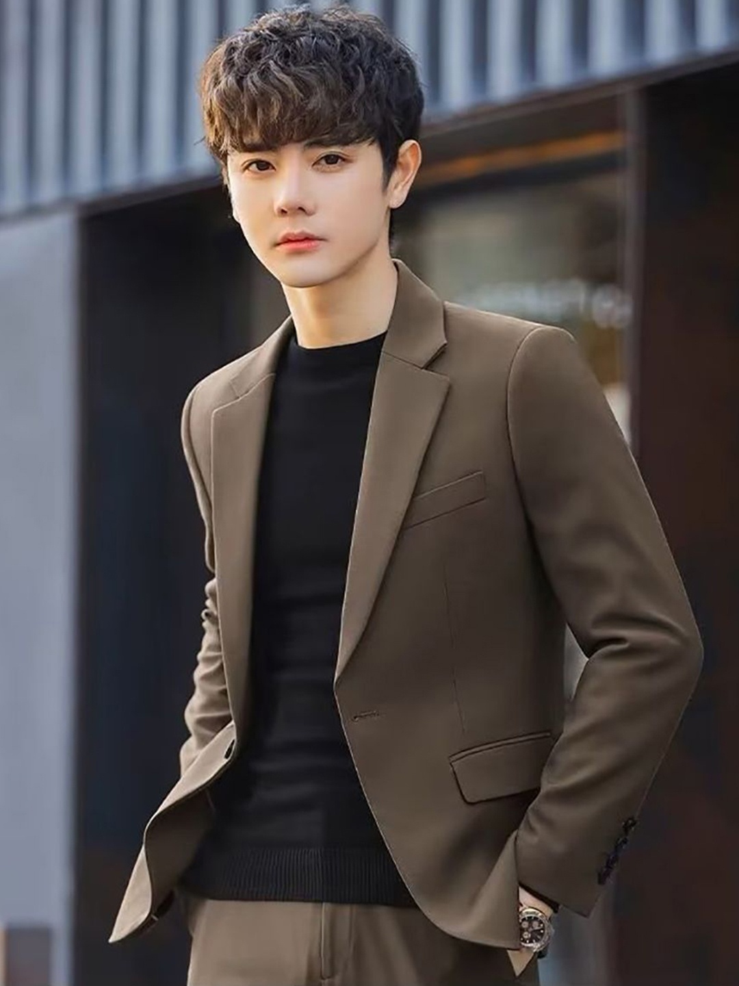 

StyleCast x Revolte Men Lapel Collar Tailored Jacket, Brown