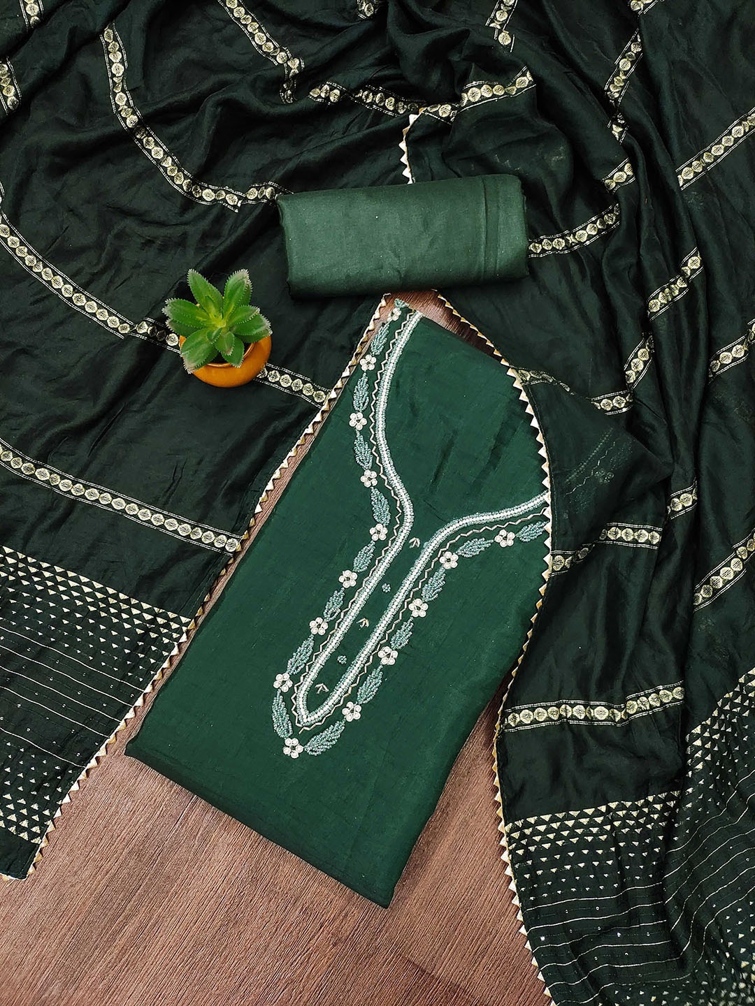

KALINI Ethnic Motifs Embroidered Beads and Stones Unstitched Dress Material, Green