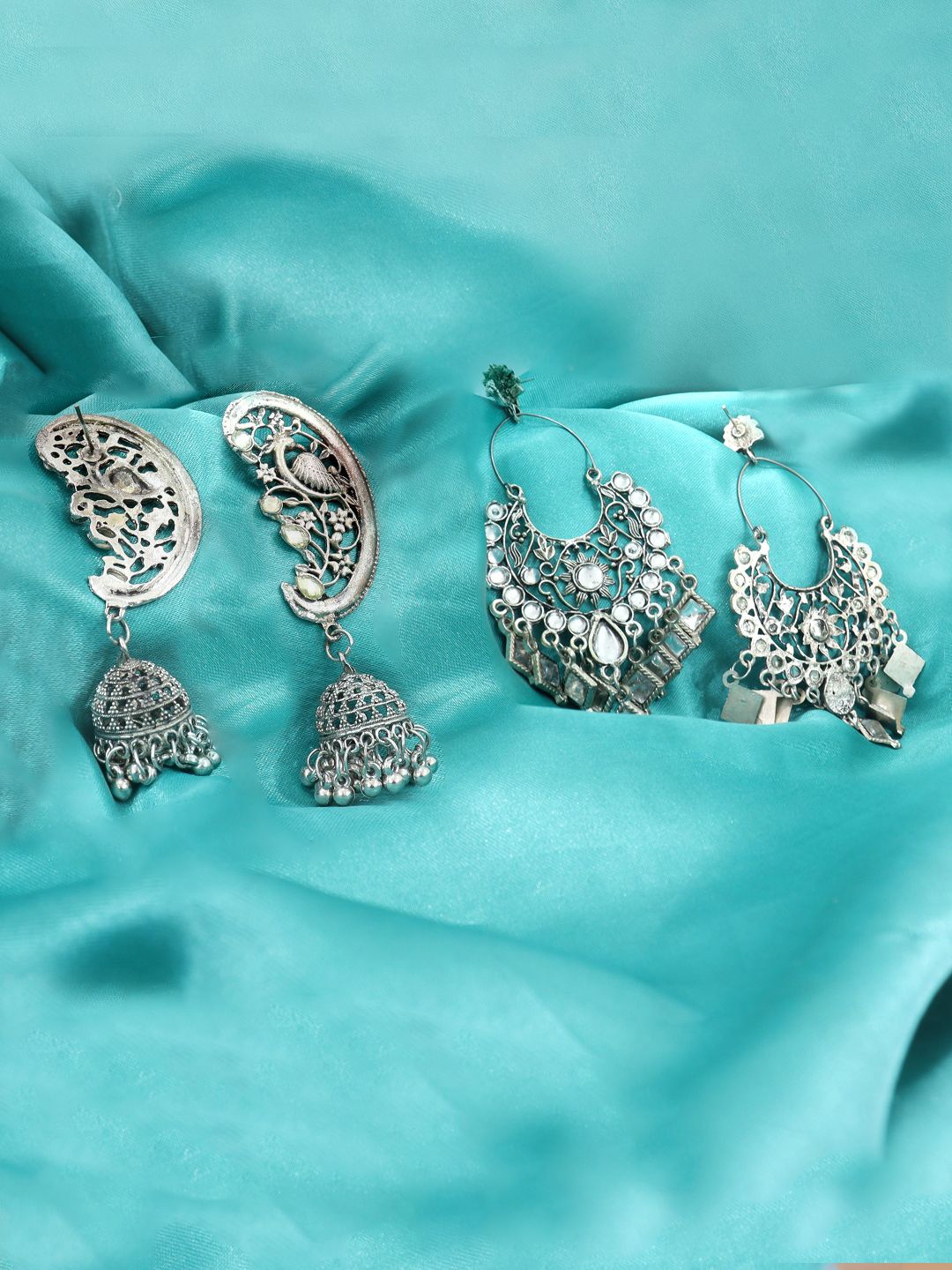 

KRENOZ Set Of 2 Silver Plated Classic Jhumkas