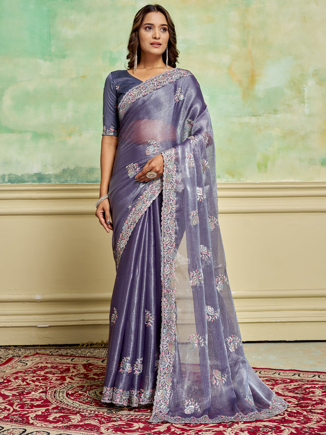 

KAYOMMI Floral Embroidered Organza Baluchari Saree, Grey