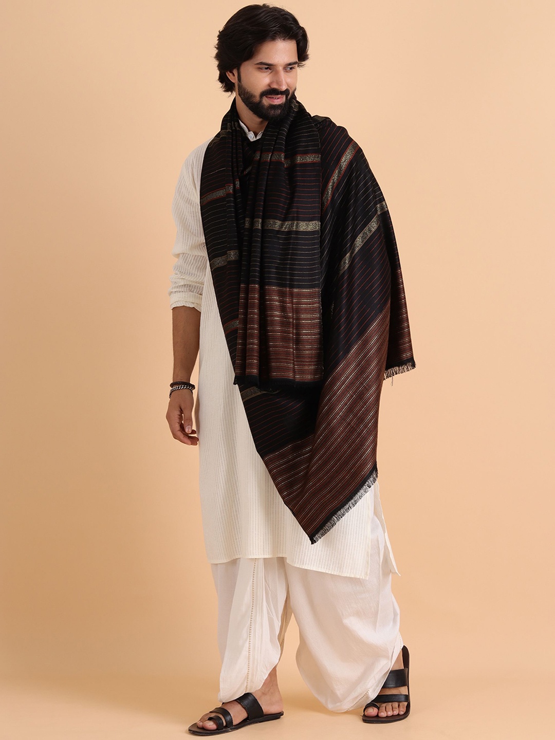 

Tweedle Striped Zari Acrylic Shawl, Black