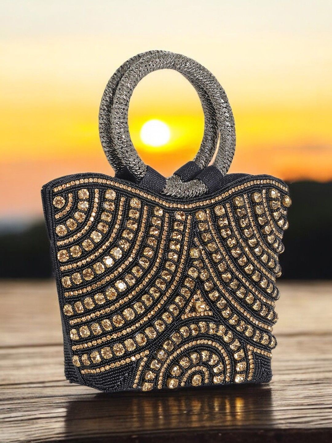 

Exotic Embroidered Jute Purse Clutch, Black