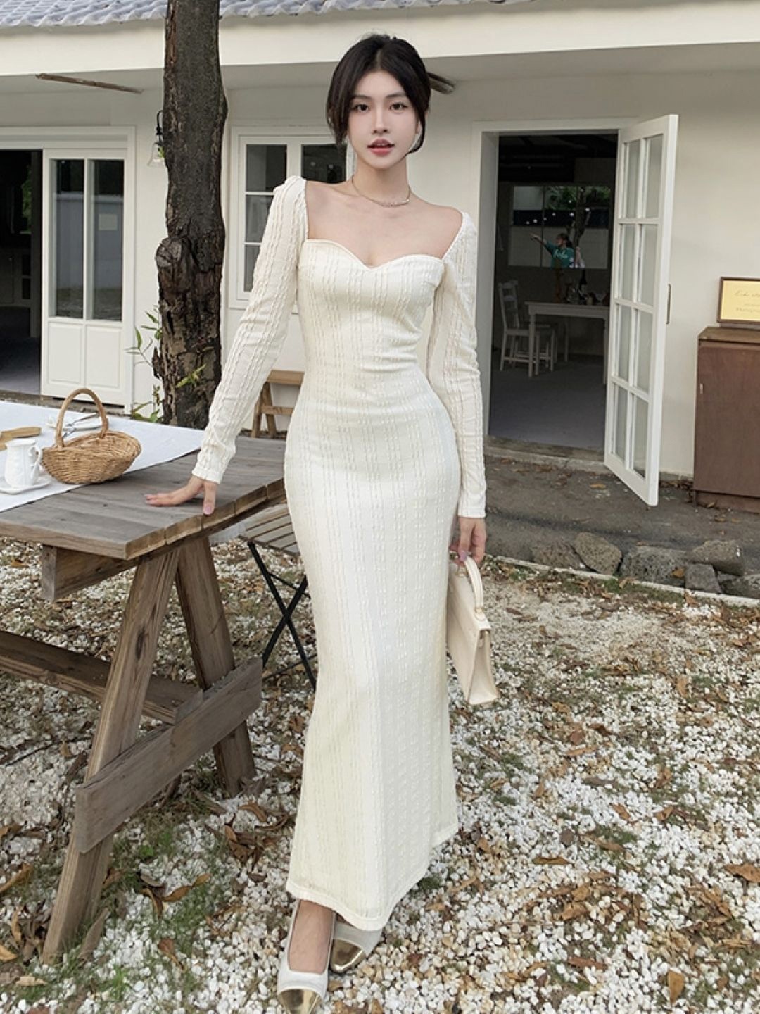 

KPOP Long Sleeves Bodycon Maxi Dress, Beige