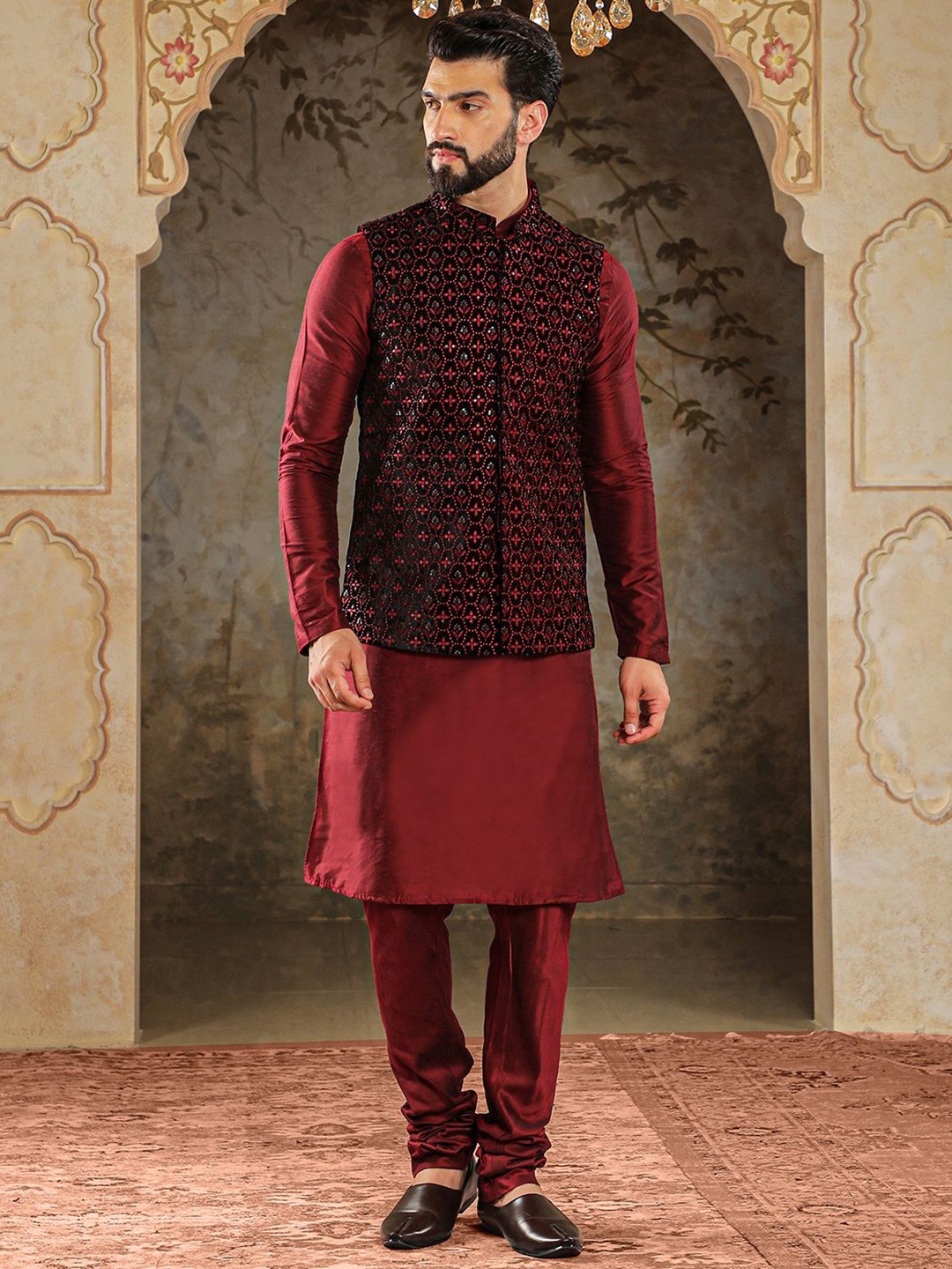 

HOUSE OF DEYANN Mandarin Collar Velvet Straight Kurta with Churidar & Nehru Jacket, Maroon