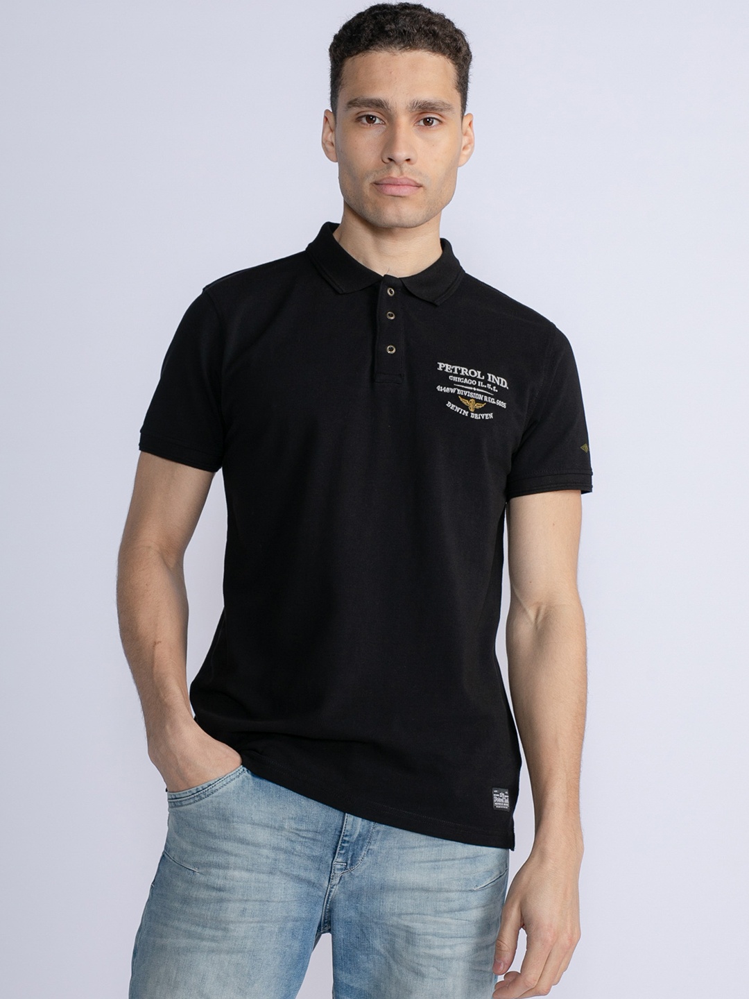 

Petrol Polo Collar Pure Cotton T-shirt, Black