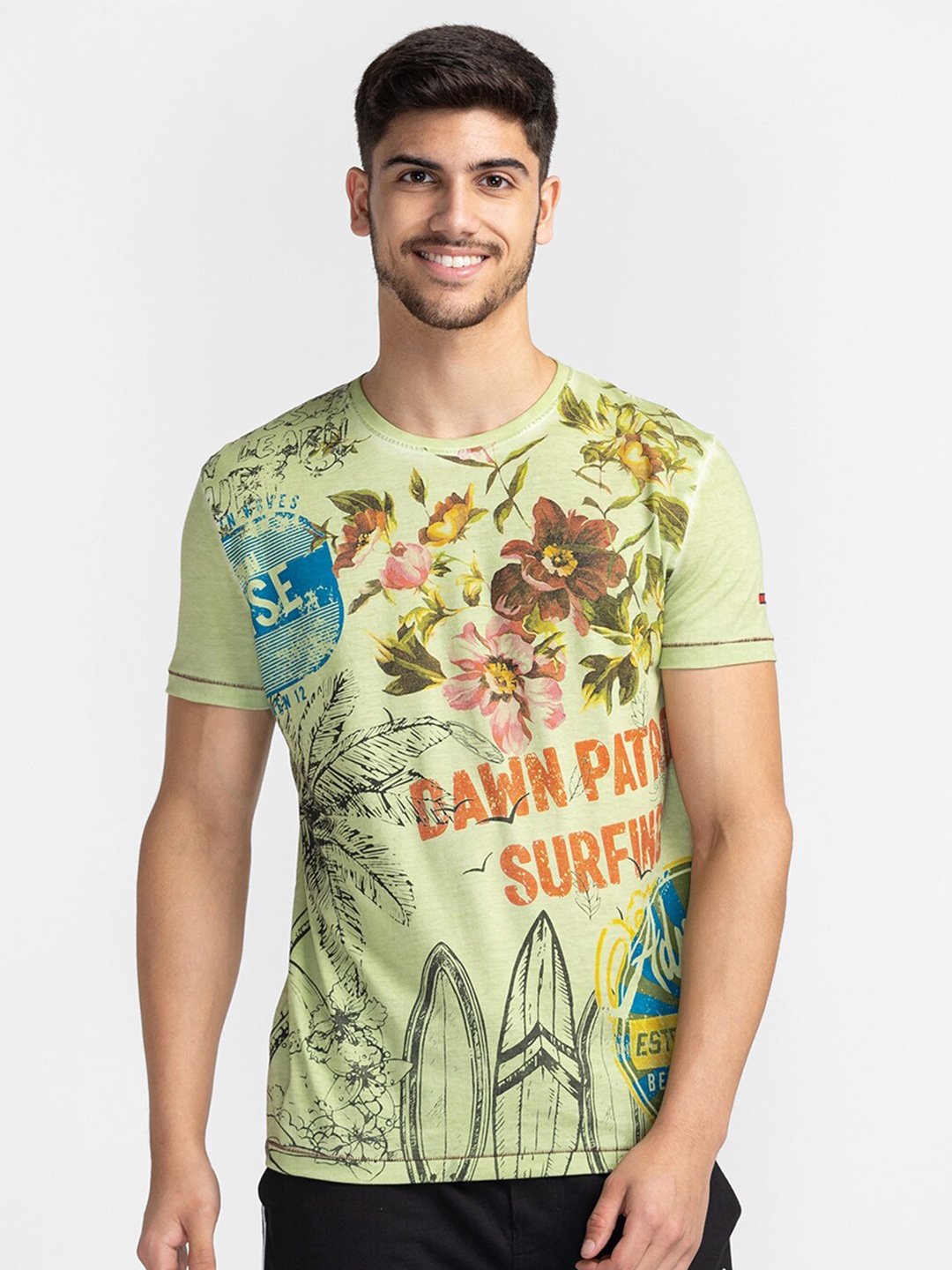 

Being Human Floral Printed Cotton T-shirt, Green