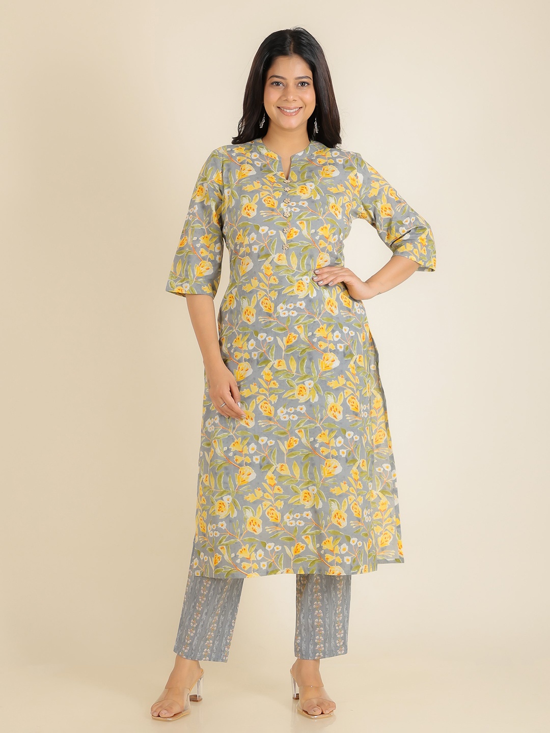 

Aramya Floral Printed Mandarin Collar Cotton Straight Kurta, Grey