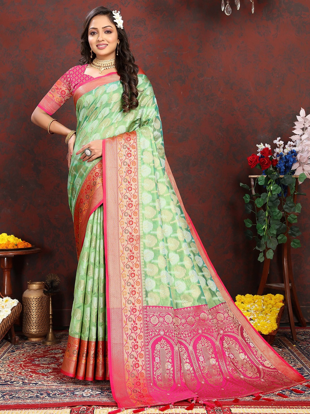 

Zeekha Woven Design Zari Pure Silk Kanjeevaram Saree, Sea green