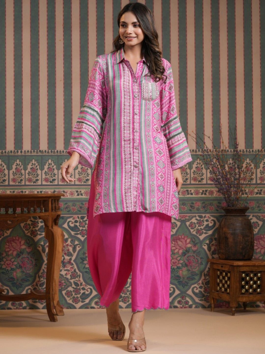 

AUTUMN LANE Geometric Printed Pure Cotton Tunic With Palazzo, Pink