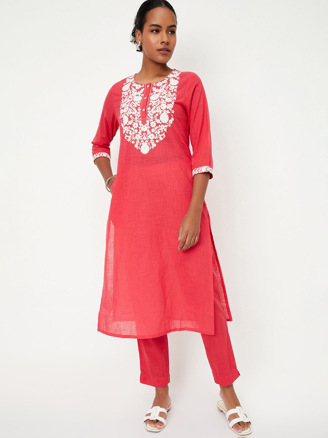 

max Floral Embroidered Straight Kurta with Trousers, Red