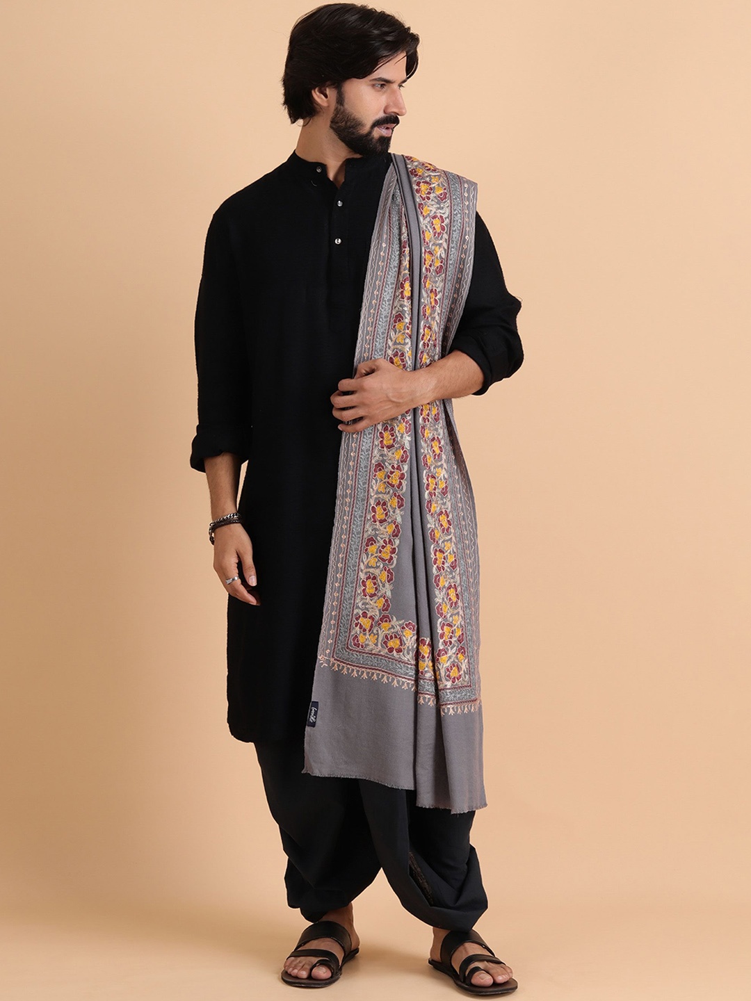 

Tweedle Floral Embroidered Pure Wool Kashmiri Shawl, Grey