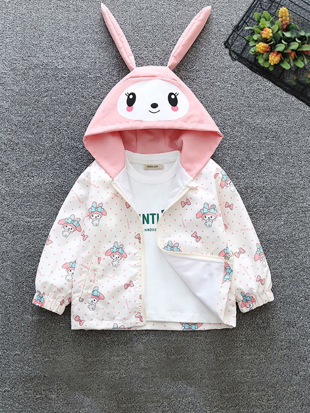 

INCLUD Girls Printed Hooded Open Front Jacket, Off white