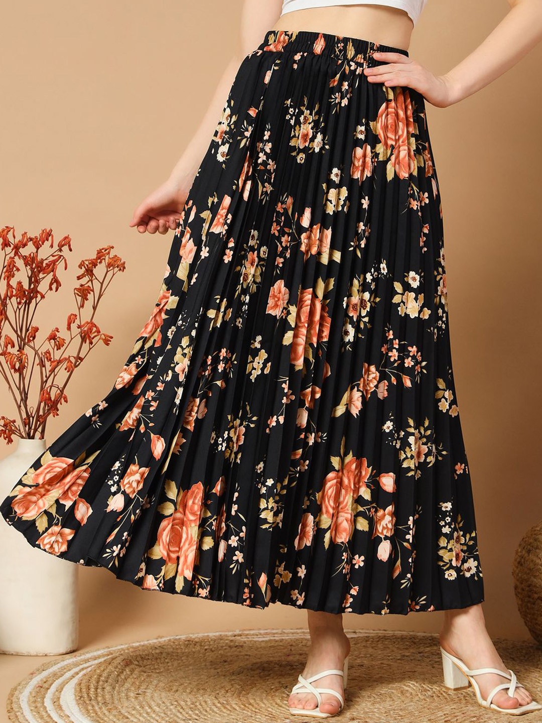 

ZWERLON Floral Printed Pleated A-Line Maxi Skirt, Black