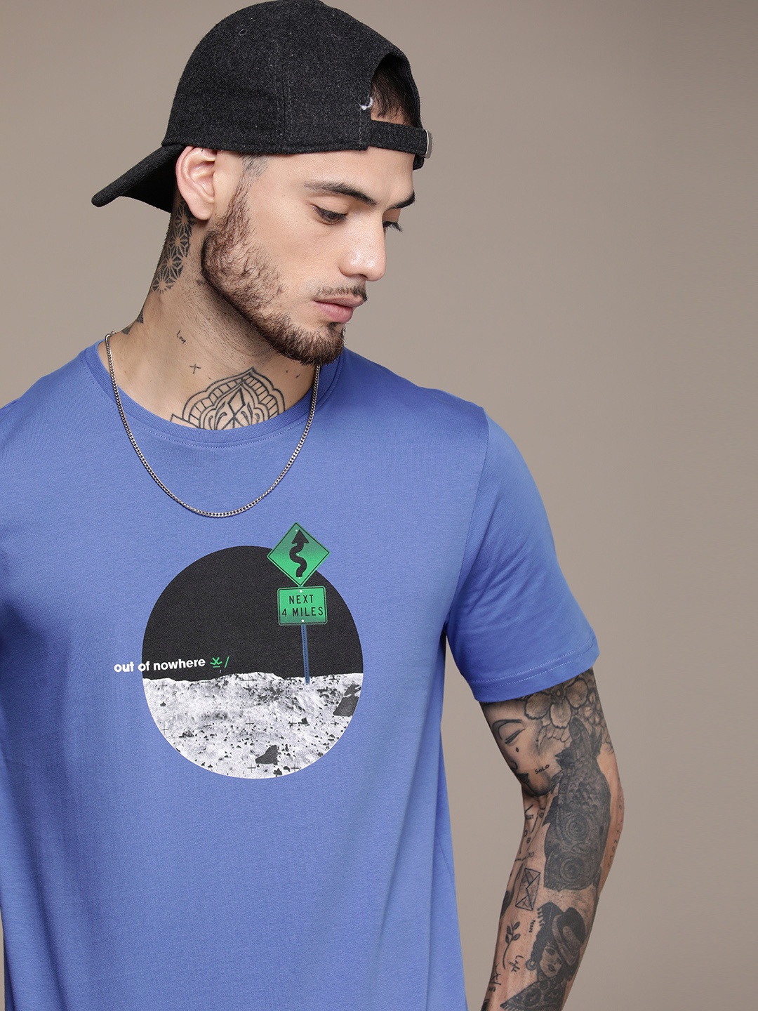 

WROGN Graphic Printed Slim Fit Pure Cotton T-shirt, Blue