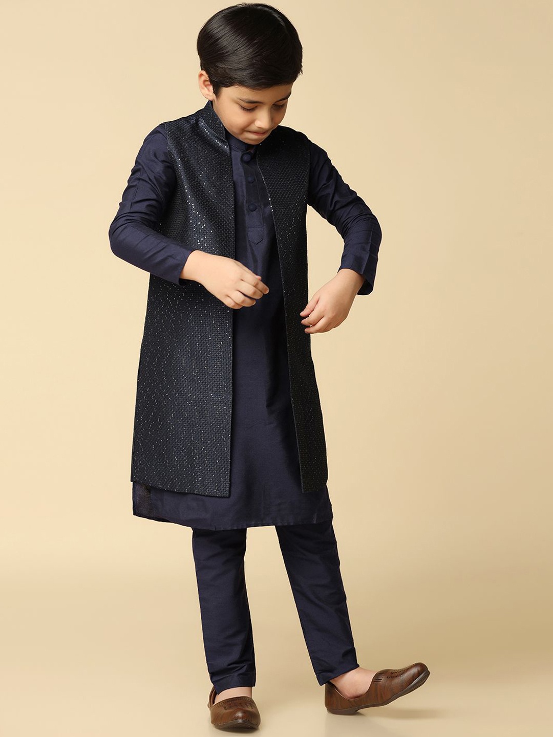 

KISAH Boys Embellished Sequinned Nehru Jacket, Navy blue