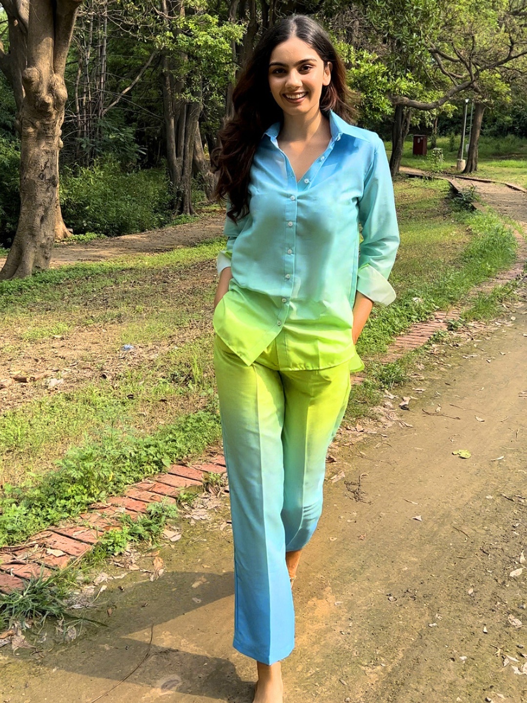 

Rujave Colourblocked Shirt With Trousers, Turquoise blue