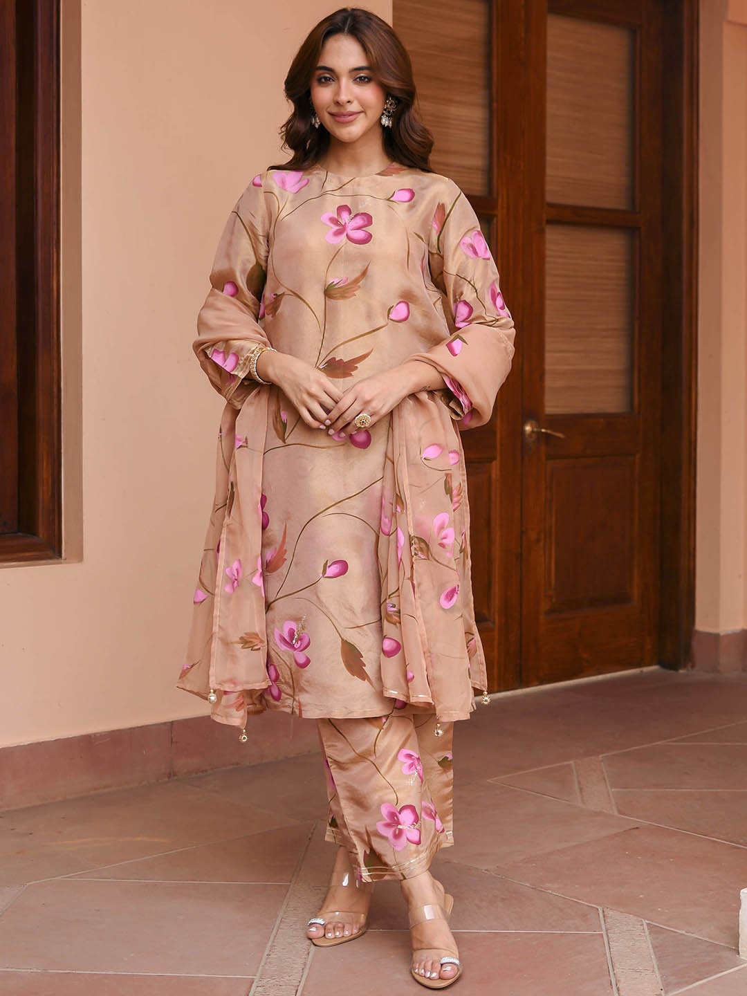 

Rangeelo Floral Printed Round Neck Straight Kurta With Palazzos & Dupatta, Brown