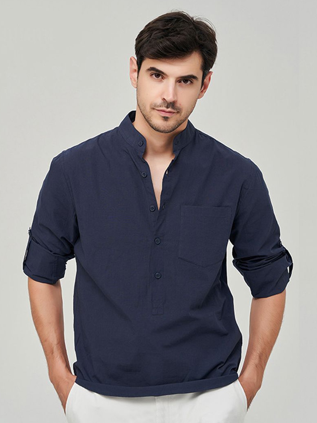 

StyleCast x Revolte Men Band Collar Solid Cotton Casual Shirt, Navy blue