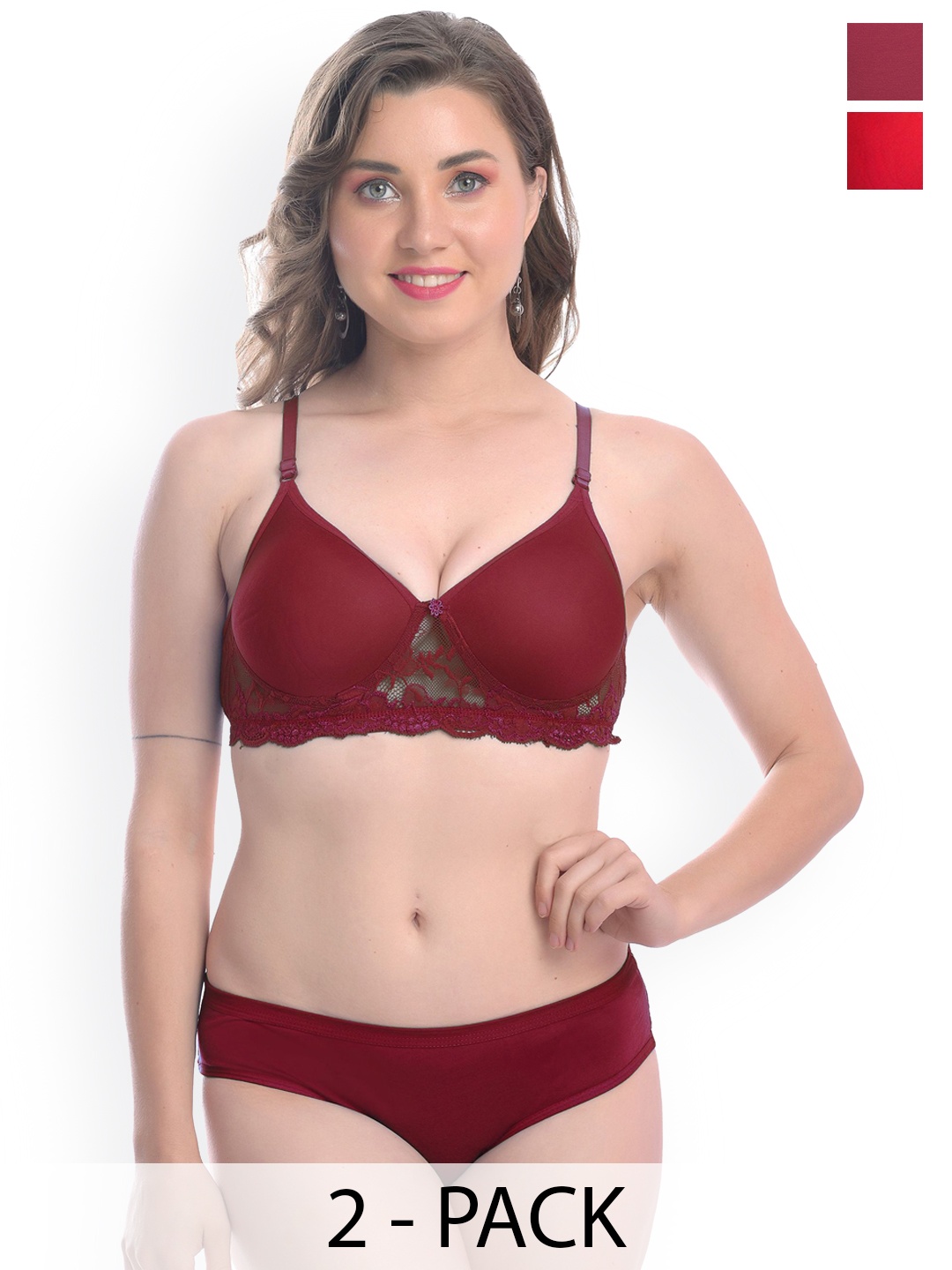 

AROUSY Pack Of 2 Laced Non-Padded Lingerie Set, Red