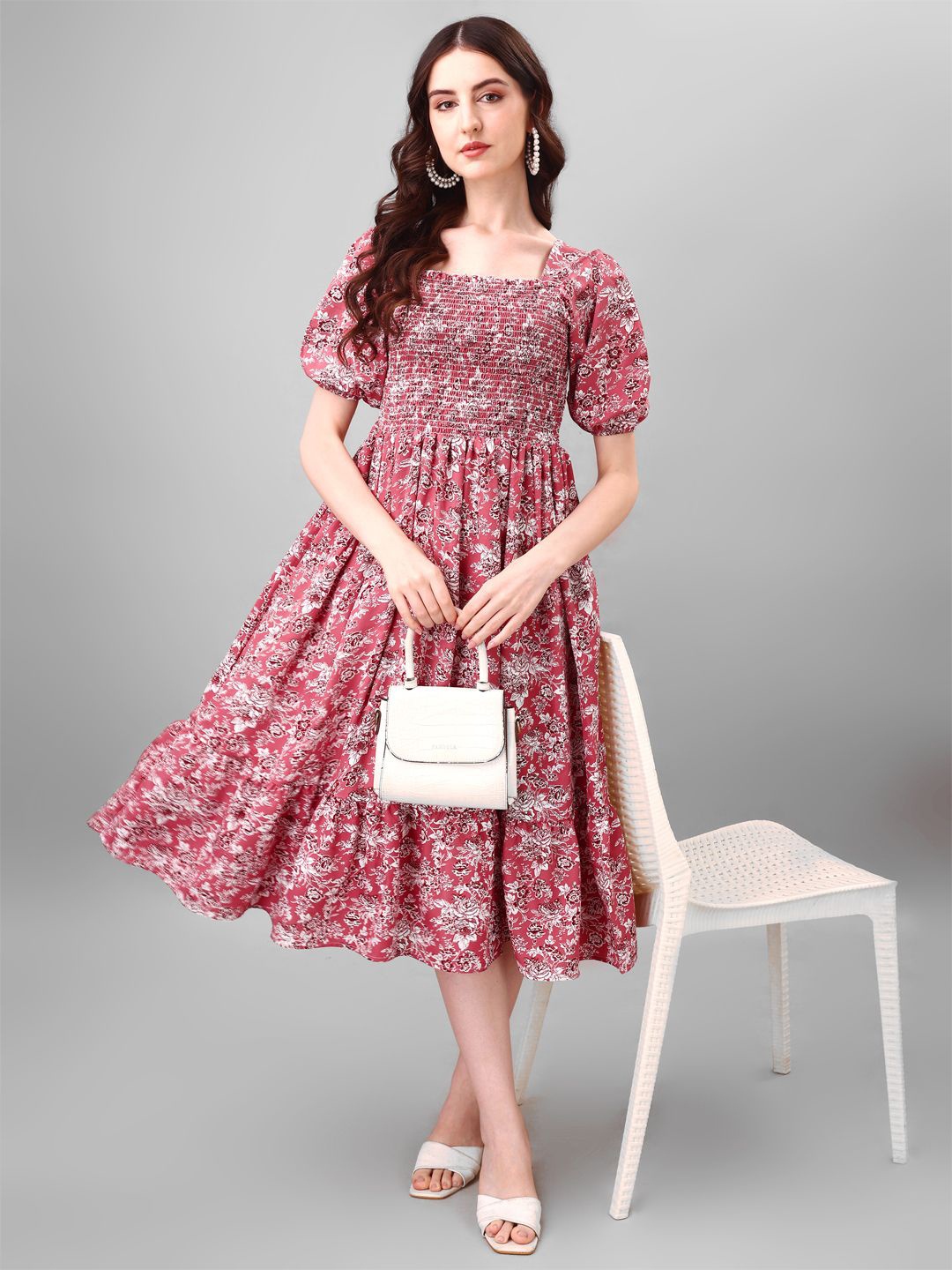 

Femvy Women Floral Printed Fit & Flare Midi Dress, Pink