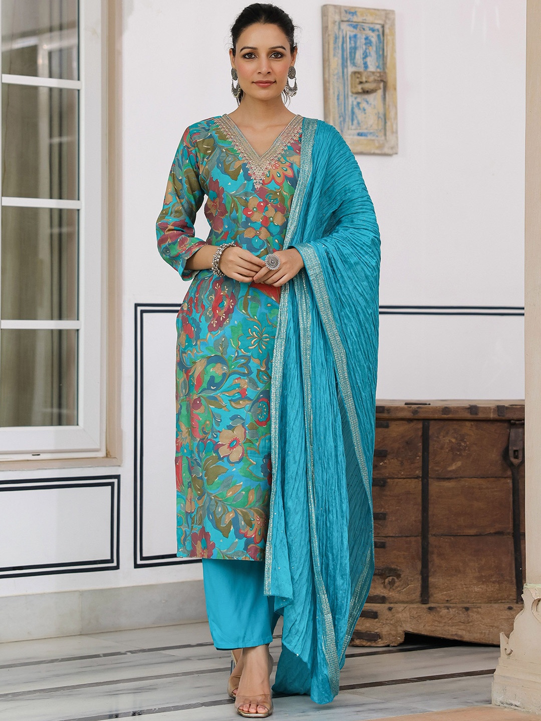 

FASHOR Floral Printed V-Neck Zari Straight Kurta With Trousers & Dupatta, Blue