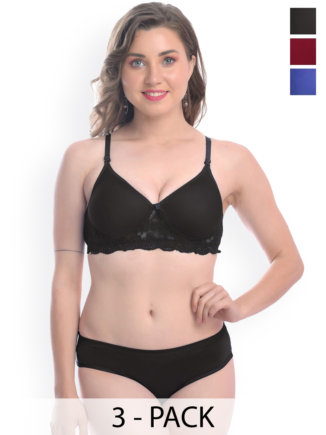 

AROUSY Women Pack Of 3 Lightly Padded Lingerie Set, Black