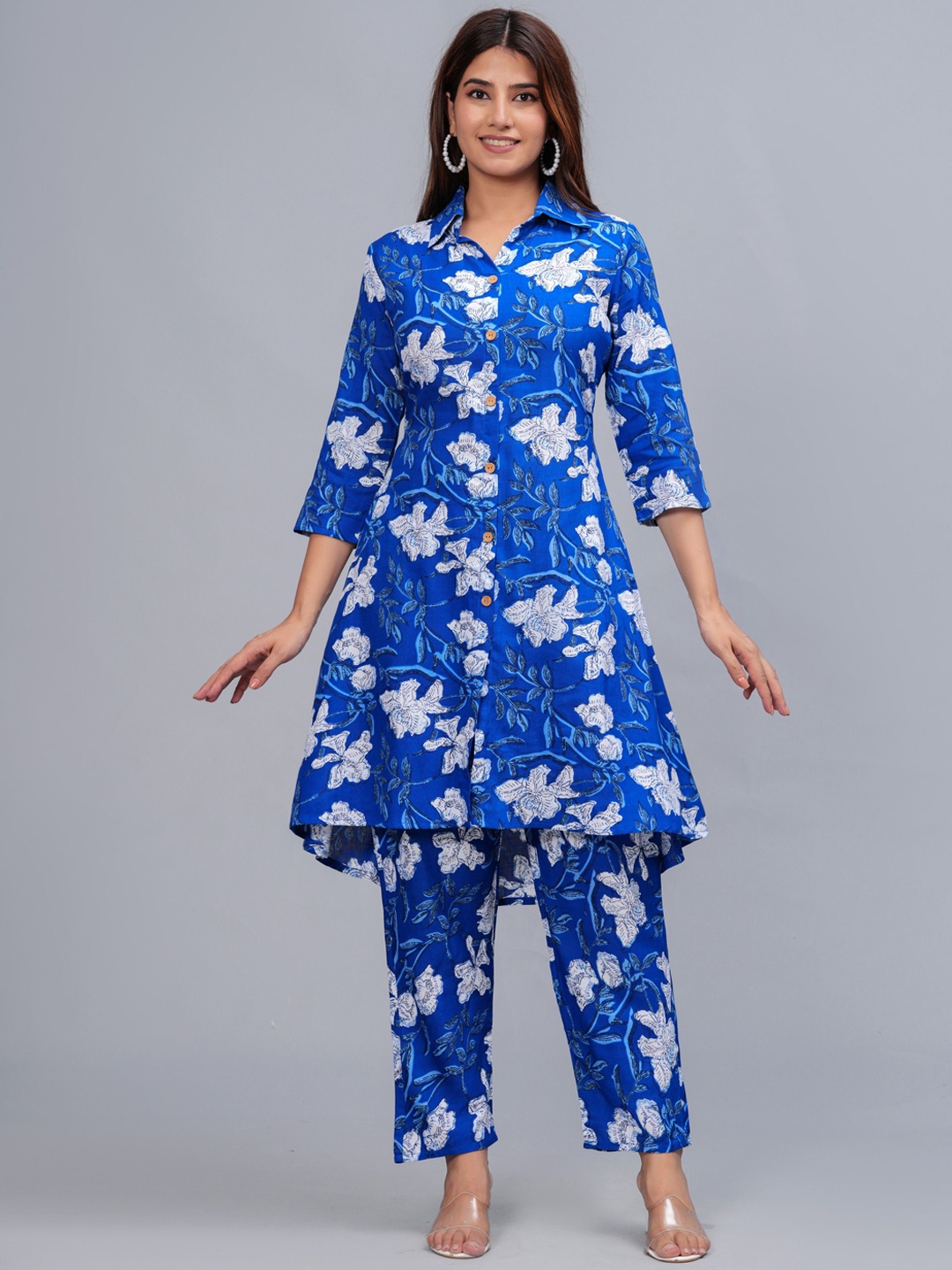 

BAESD Floral Printed Shirt Collar Tunic & Trouser, Blue