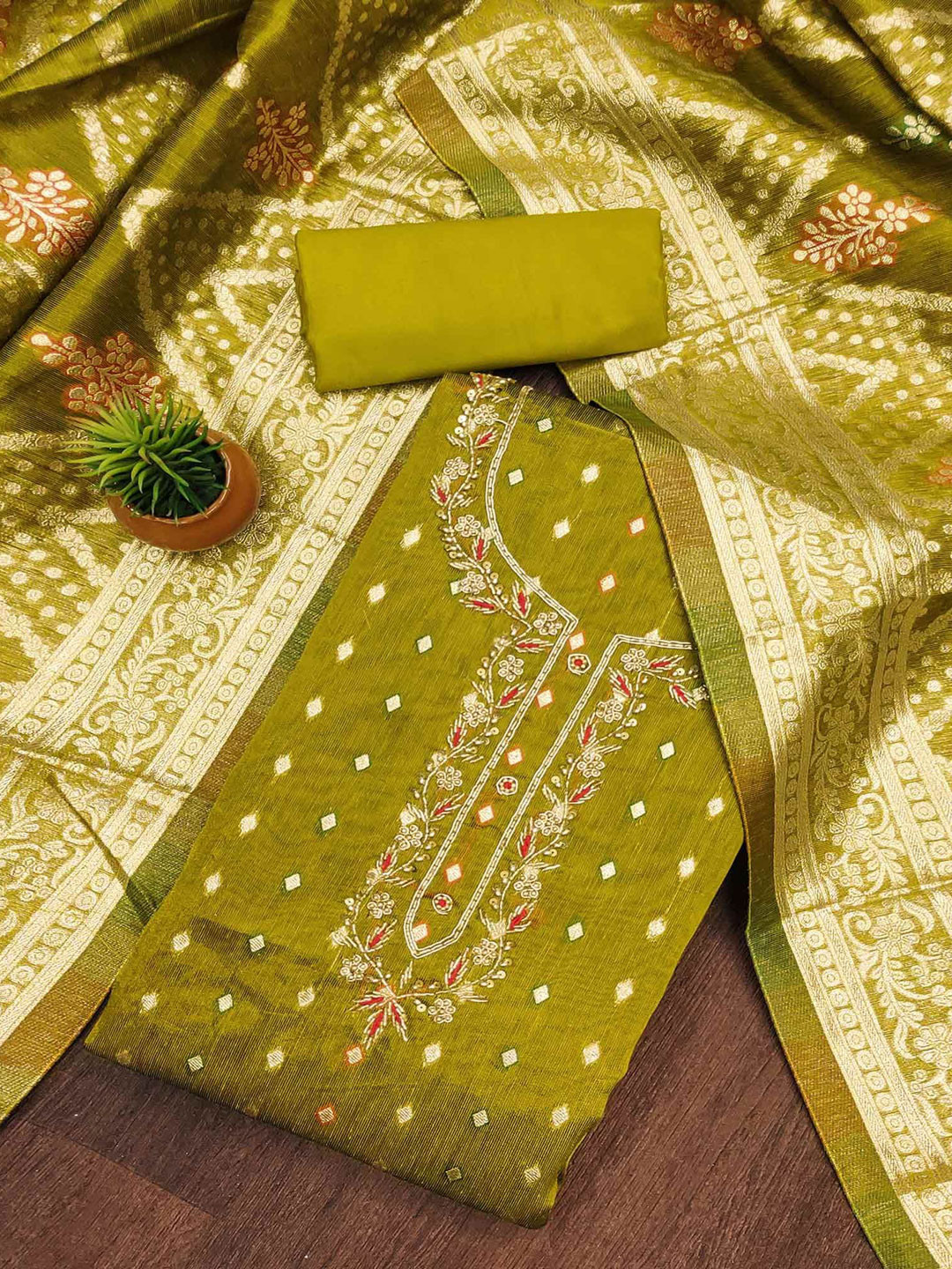 

Peachmode Ethnic Motifs Embroidered Unstitched Dress Material, Olive