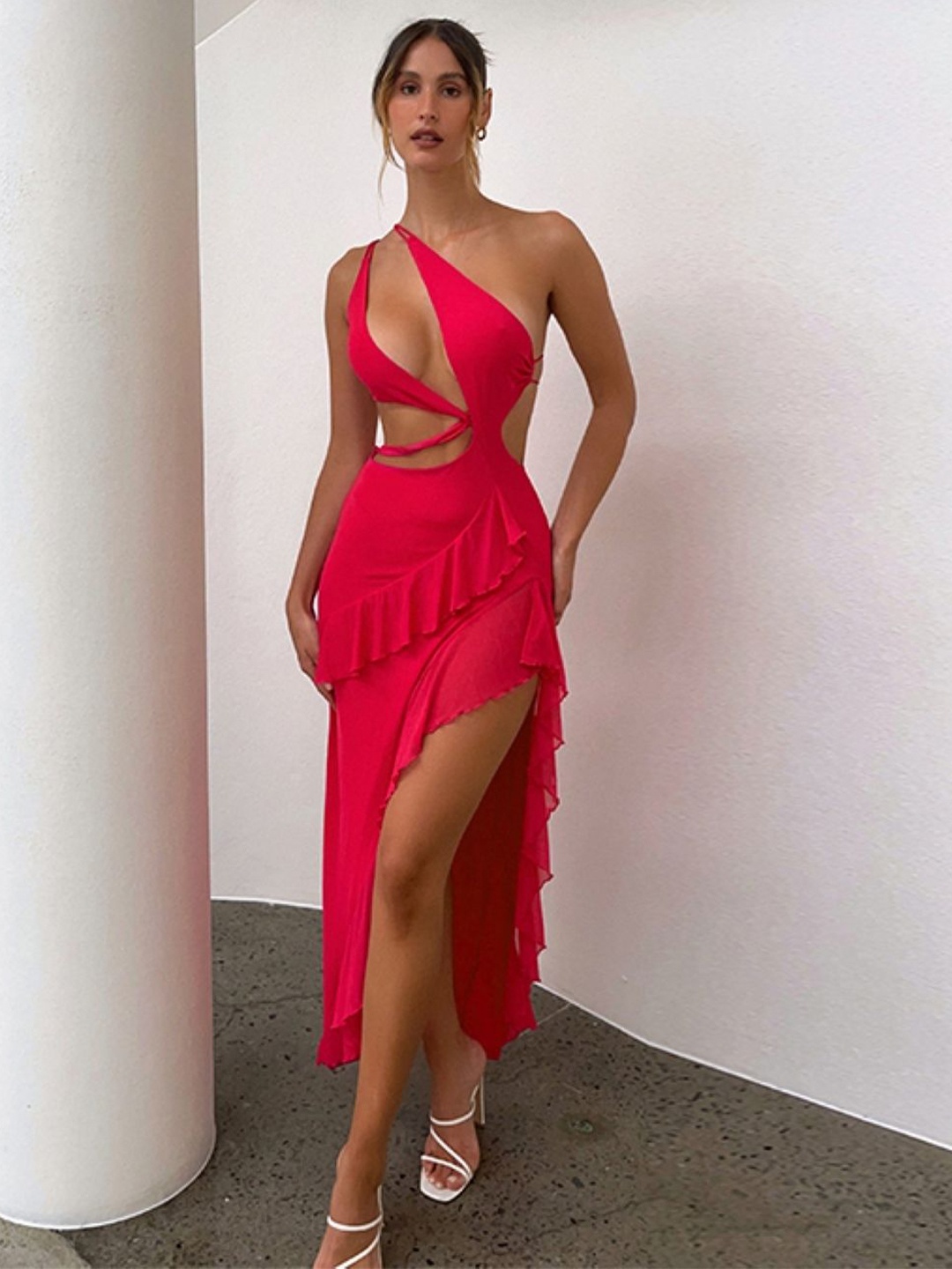 

KPOP Women One Shoulder Bodycon Maxi Dress, Red