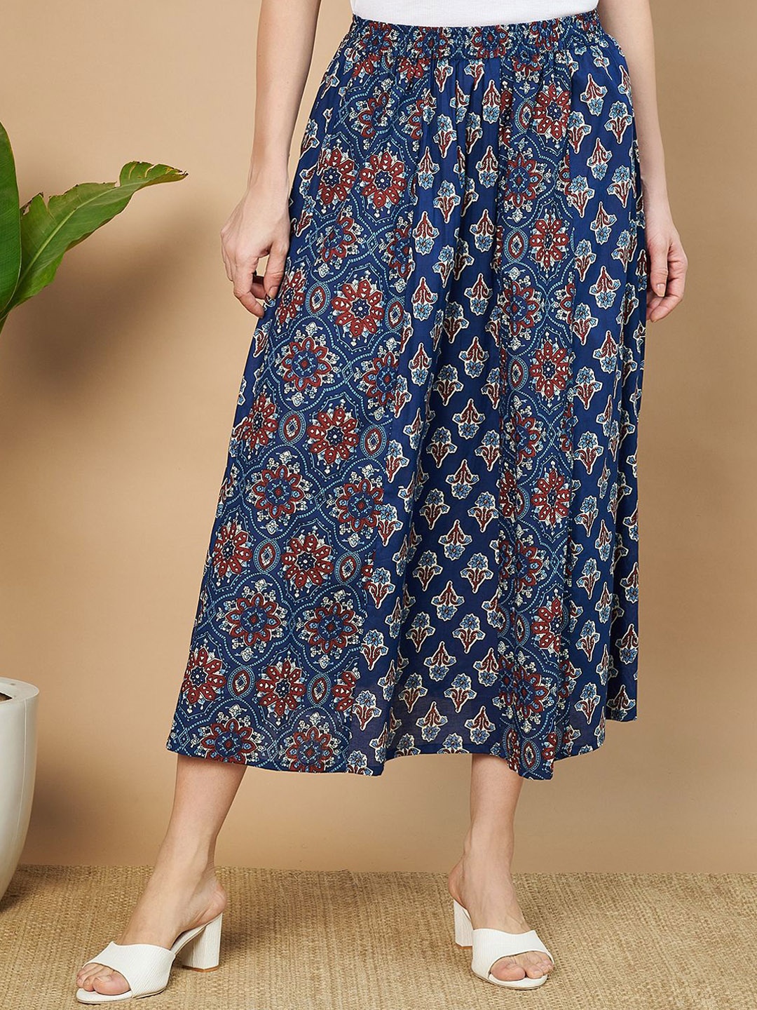 

ETC Women Printed Pure Cotton Flared Midi Skirt, Navy blue