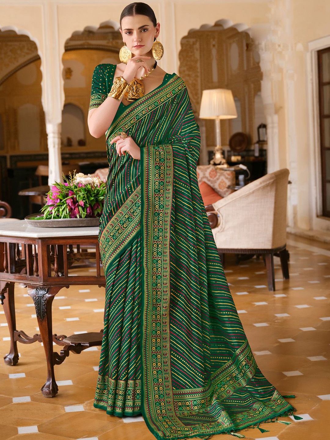 

Anouk Bandhani Zari Silk Blend Bandhani Saree, Green