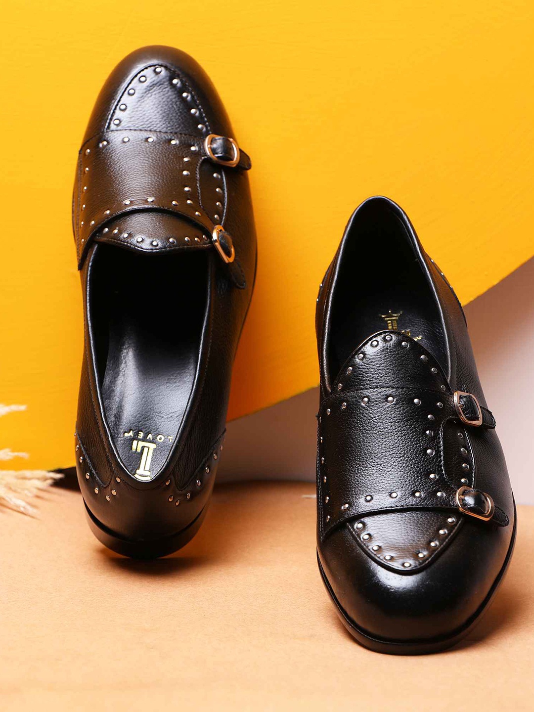 

LOVEY Men Buckle Detailed Leather Monks, Black