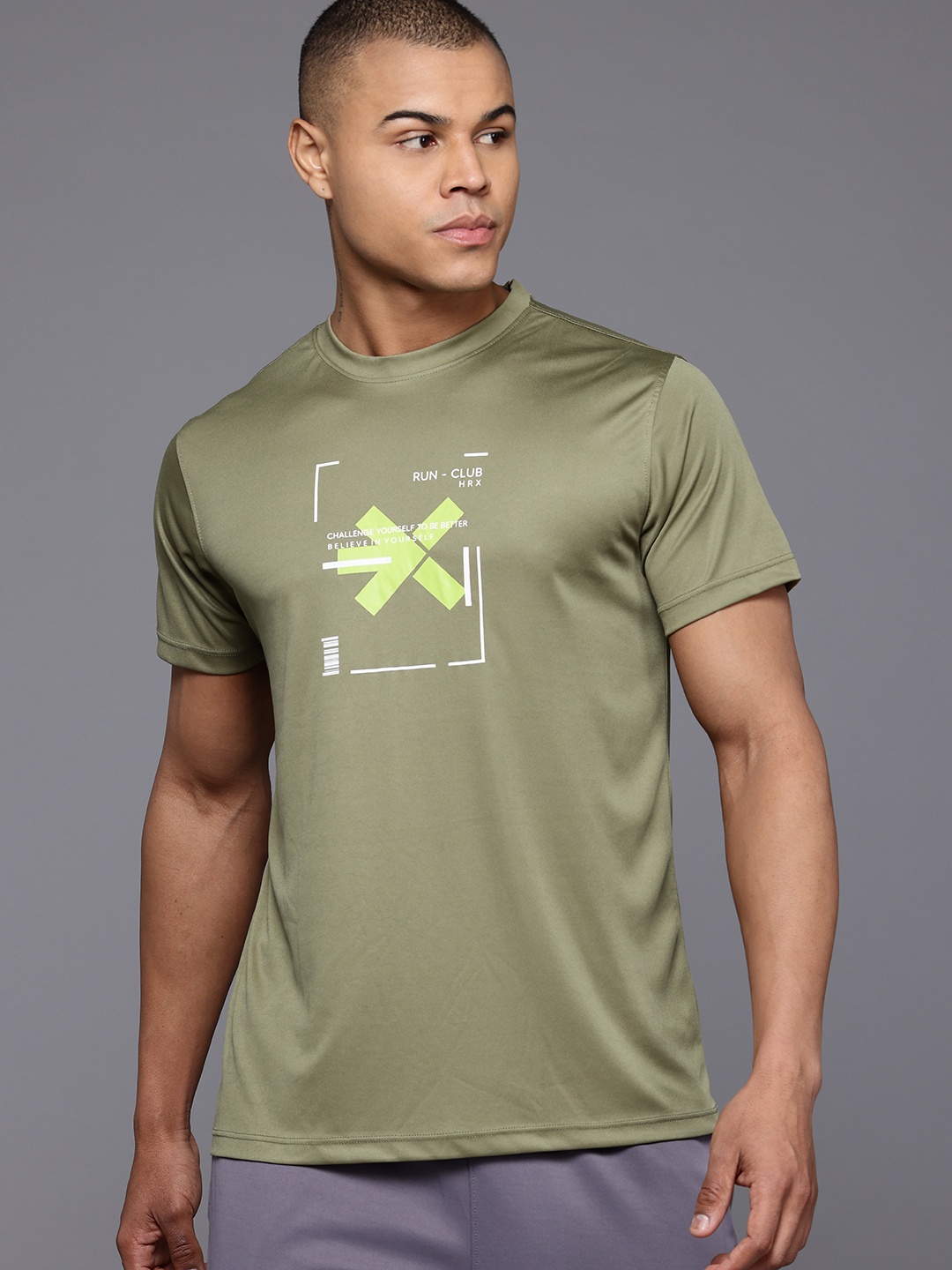 

HRX by Hrithik Roshan Men Brand Typography Printed Rapid-Dry Running T-shirt, Olive