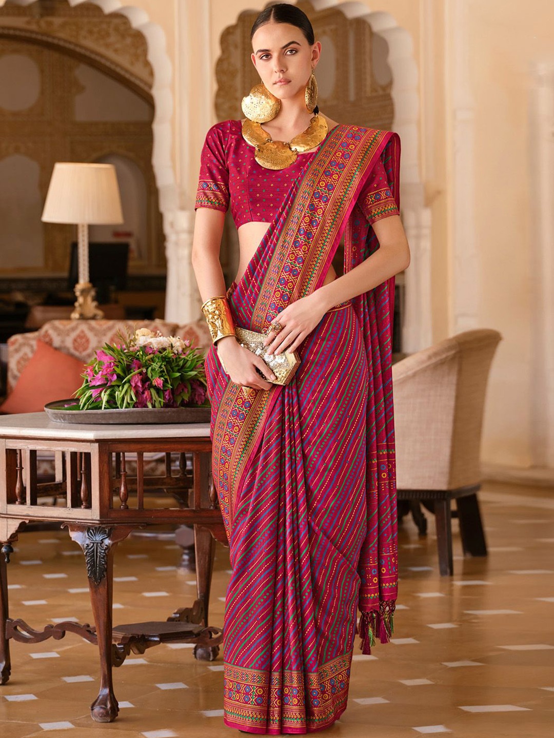 

Anouk Bandhani Printed Zari Bandhani Celebrity Saree, Pink