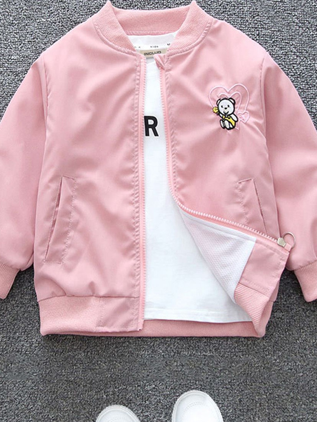 

INCLUD Girls Embroidered Open Front Jacket, Pink