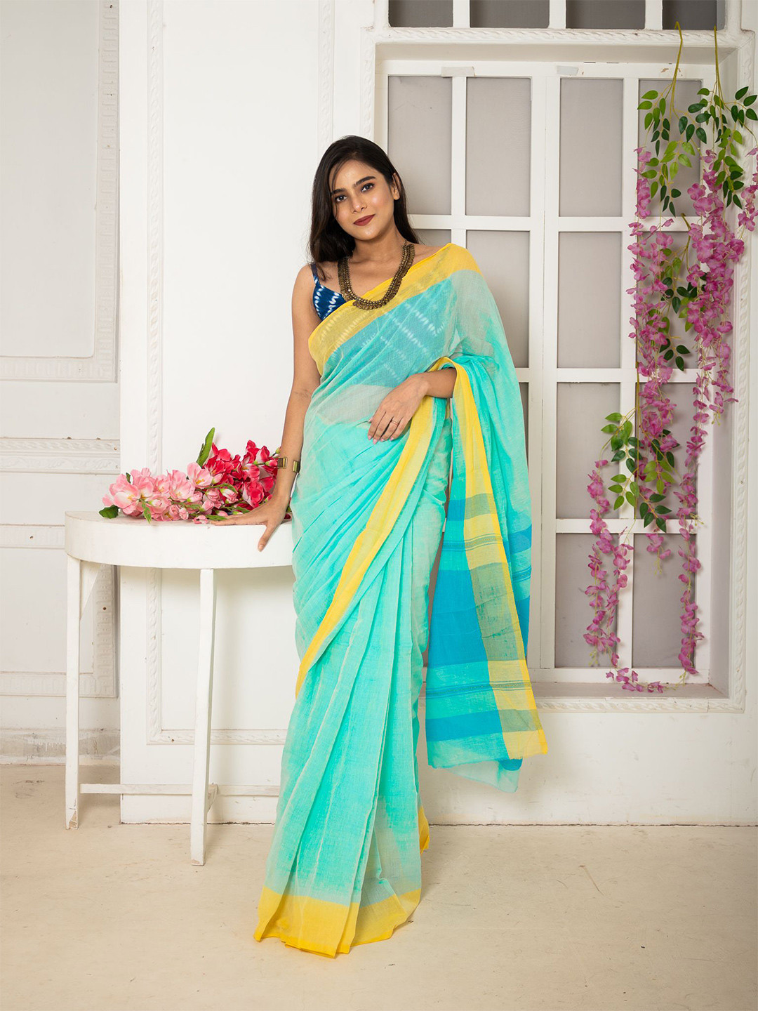 

Uttariya Woven Design Pure Cotton Saree, Teal