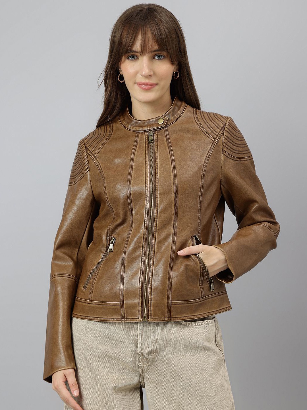 

Latin Quarters Women Mock Collar Open Front Jacket, Brown