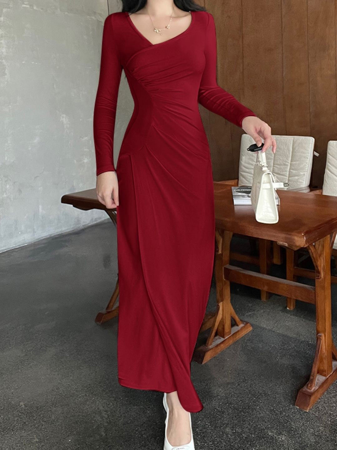 

KPOP Women Fit & Flare Long Sleeves Maxi Dress, Red