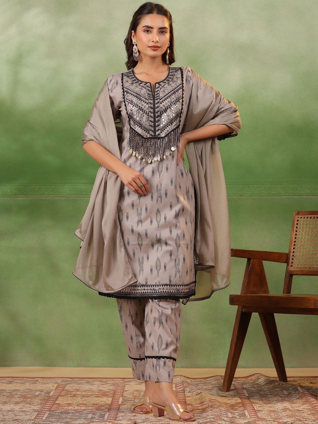 

AUTUMN LANE Ethnic Motifs Embroidered Mirror Work Pure Cotton Kurta Trousers & Dupatta, Grey