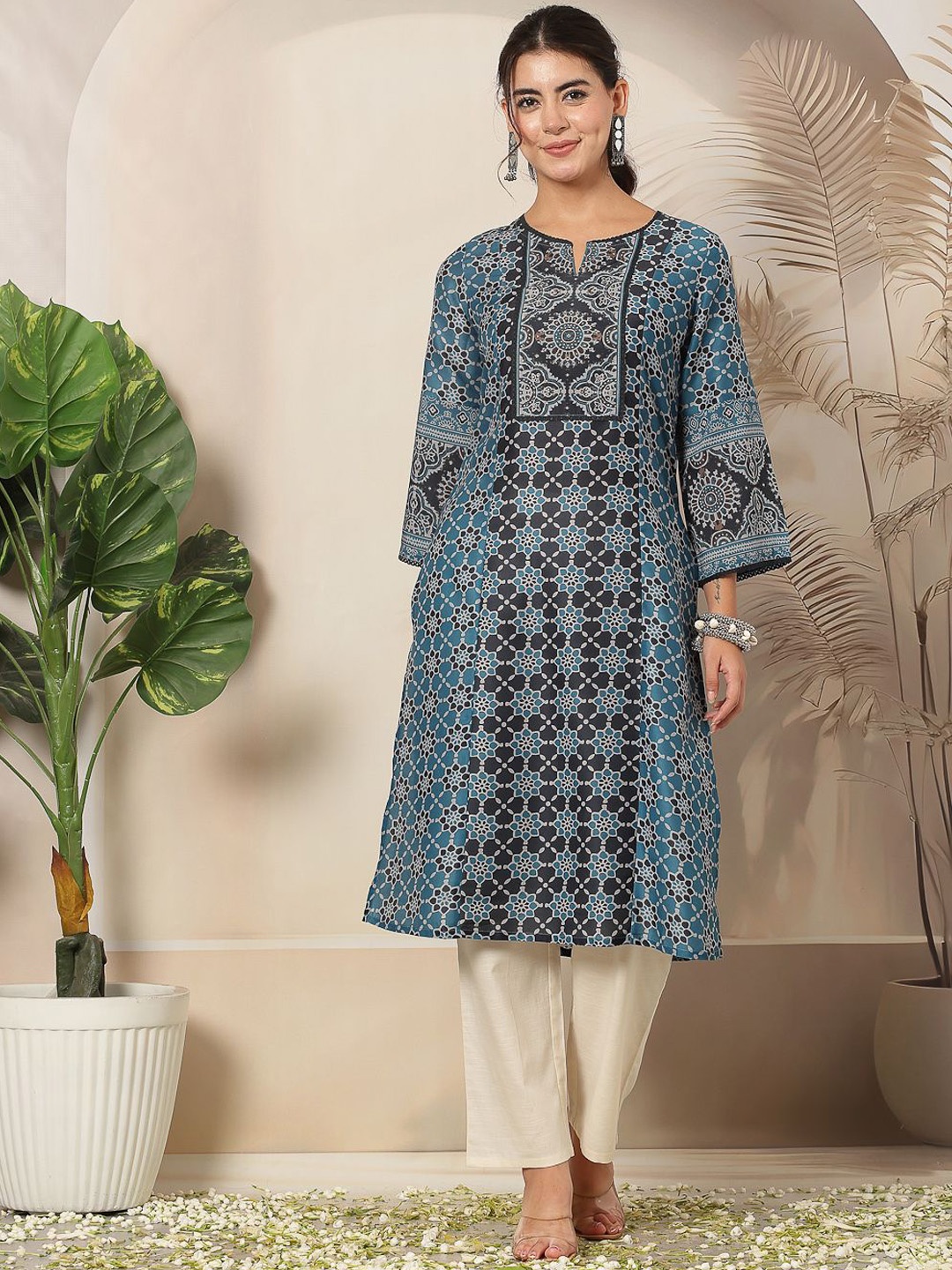 

Nayam By Lakshita Floral Printed Notch Neck Flared Sleeves Silk Straight Kurta, Teal