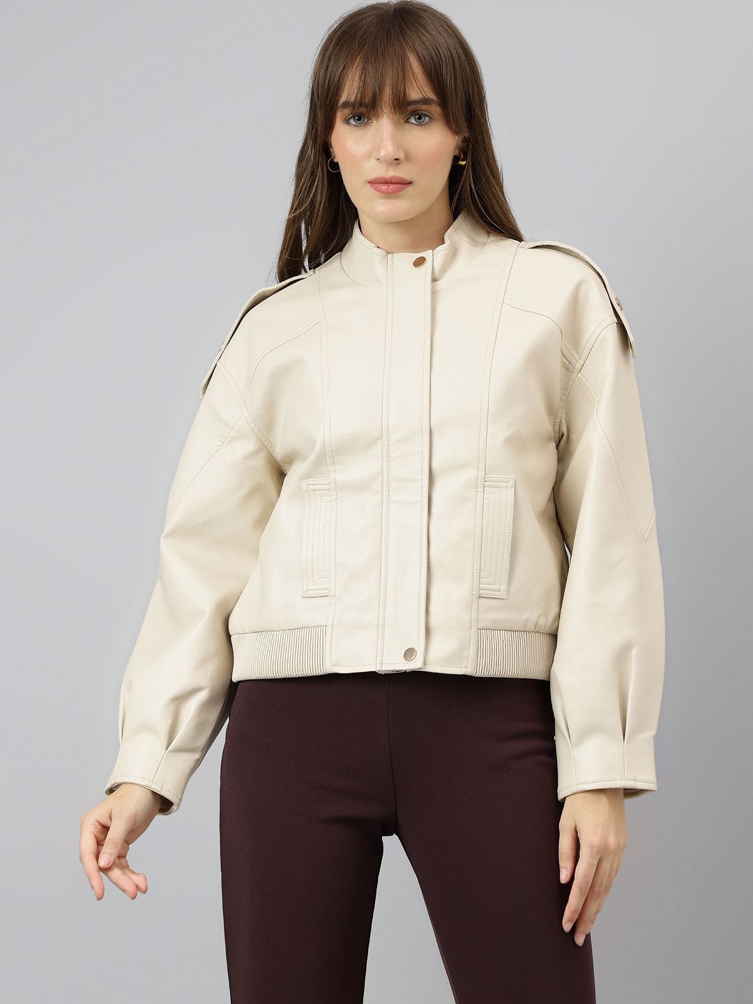 

Latin Quarters Women Mock Collar Long Sleeves Solid Jacket, Beige