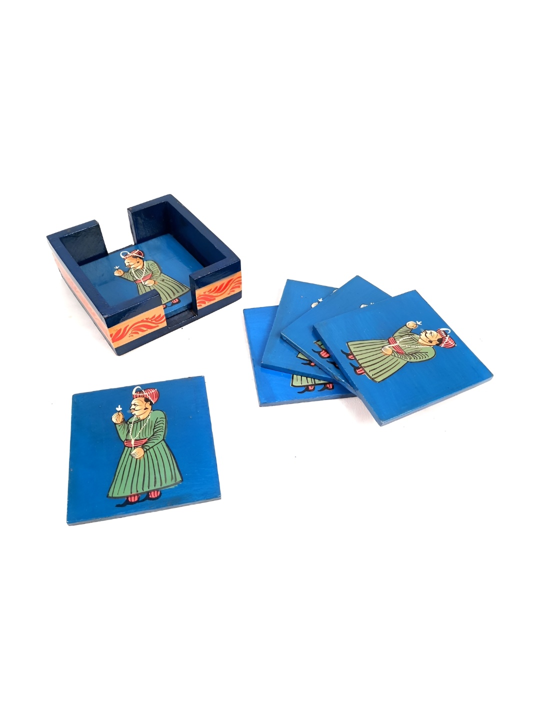 

apka mart 6-Pcs Blue & Green Printed Wooden Coasters With Stand