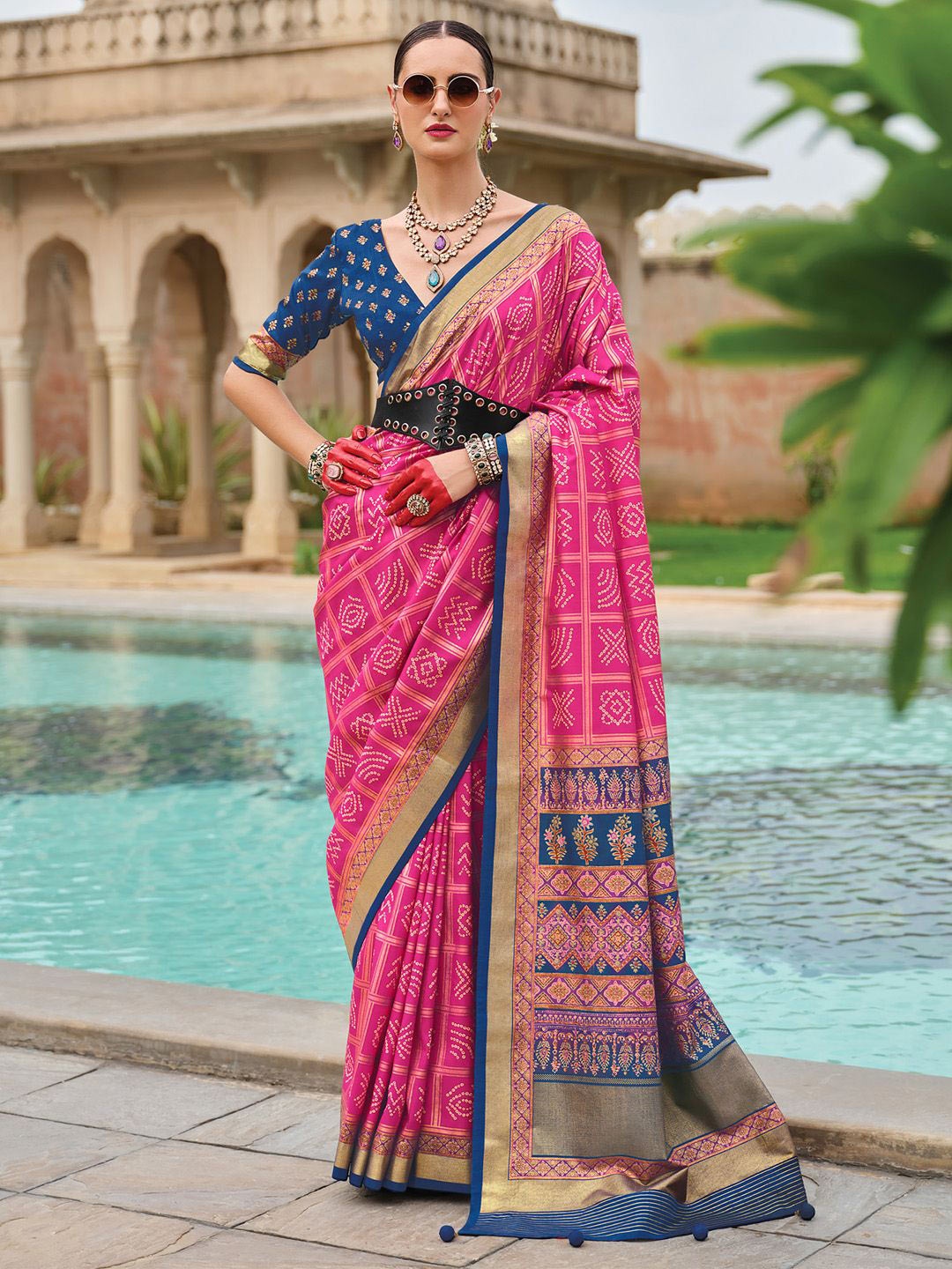 

Anouk Bandhani Printed Woven Design Zari Bandhani Saree, Pink