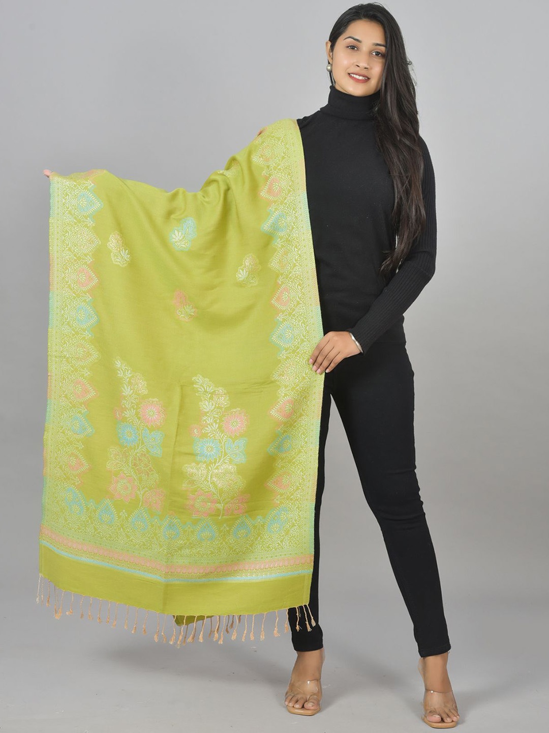 

BAISA Ethnic Motifs Woven Design Jacquard Kashmiri Jamawar Woollen Cotton Shawl, Lime green