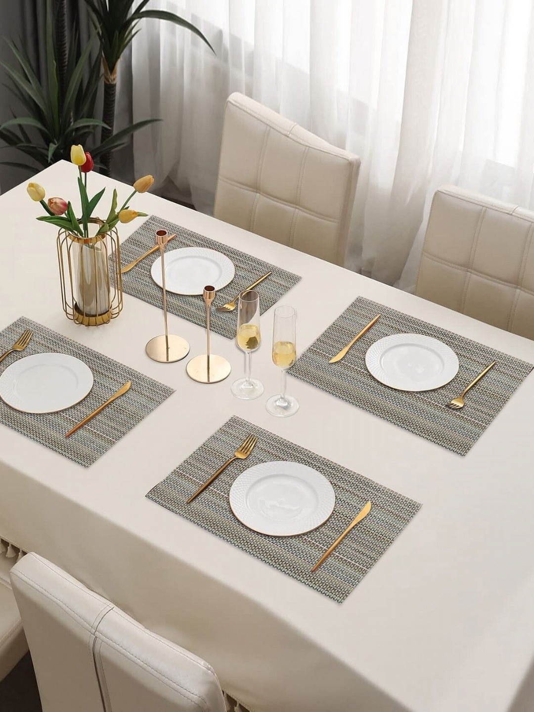 

Dakshya Industries 4Pcs Grey Striped Rectangle Shape Table Placemats
