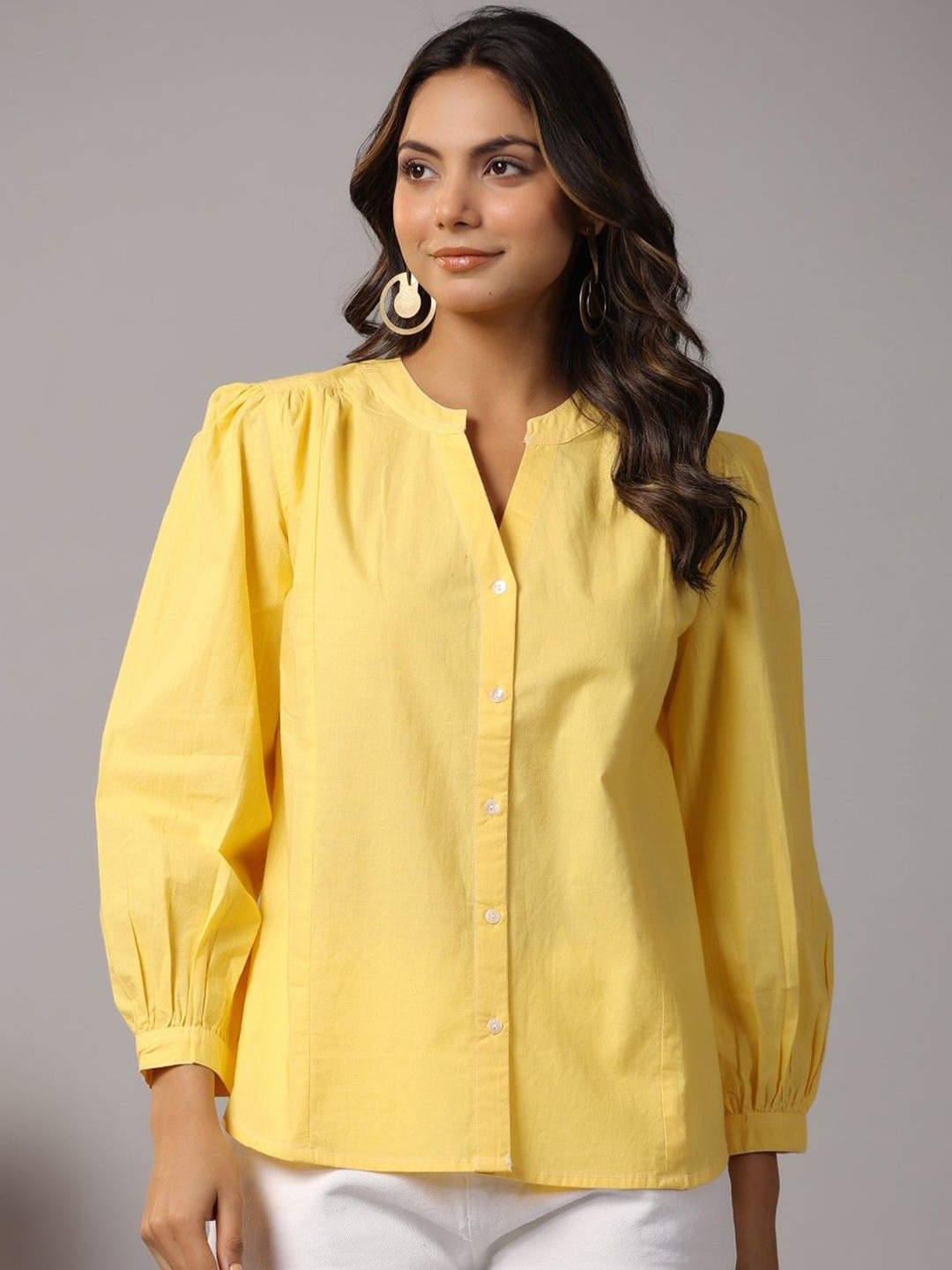 

AUTUMN LANE Mandarin Collar Puff Sleeves Cotton Casual Shirt, Yellow