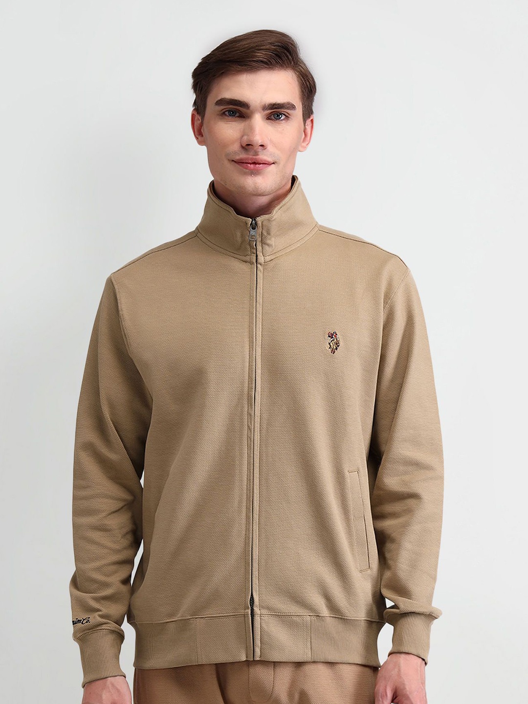 

U.S. Polo Assn. Denim Co. Men Solid Mock Collar Cotton Front-Open Sweatshirt, Beige