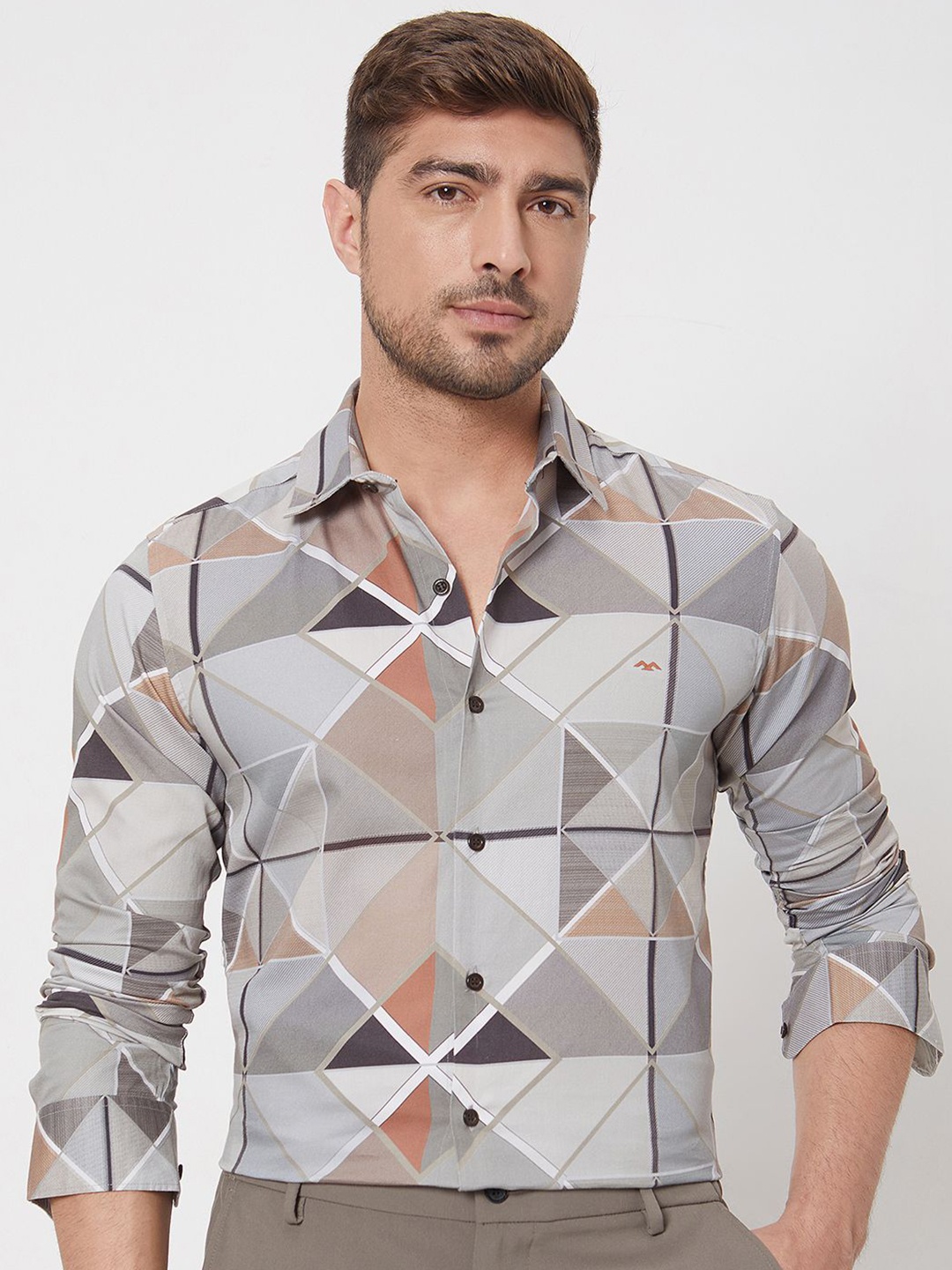 

Mufti Men Spread Collar Geometric Printed Cotton Slim Fit Casual Shirt, Grey