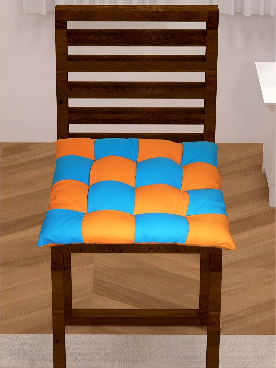 

Lushomes Blue & Orange-Color Checked Cotton Square Chair Pads