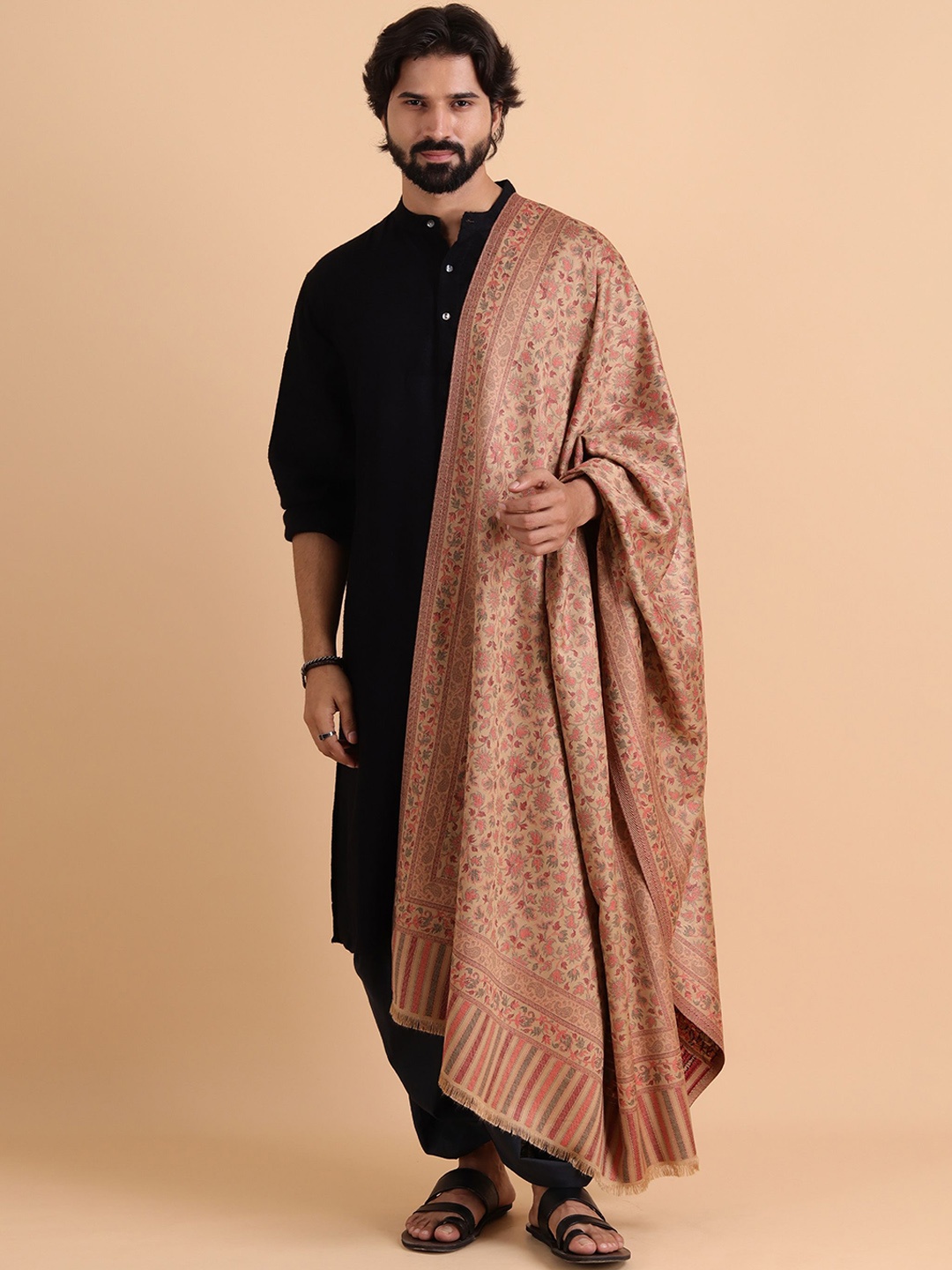 

Tweedle Kashmiri Kani Floral Woven Design Shawl, Beige
